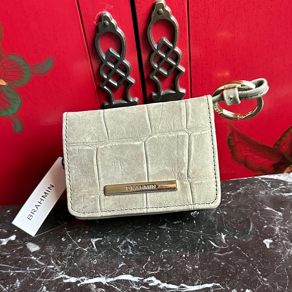 Brahmin Mini Key Wallet Matte Gray Croc-Embossed Leather